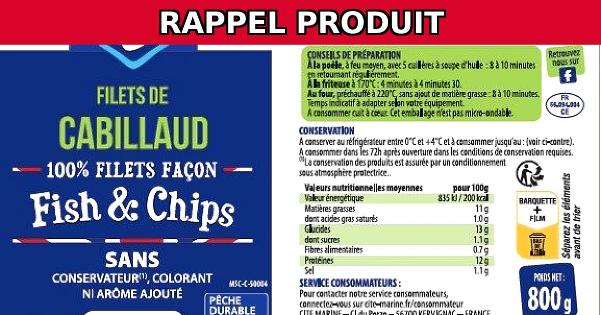Alerte rappel : Filets de cabillaud Cité Marine contaminés par Listeria