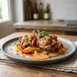 Agneau fondant aux poivrons colorés et sa sauce rose au paprika