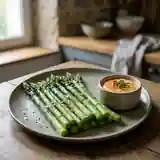 Asperges vertes fraîches servies avec une mayonnaise pimentée maison