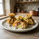 Aumônières gourmandes de saumon aux blancs de poireaux et crevettes grises