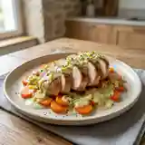 Blanc de dinde tendre sur lit de carottes fondantes nappé d'une sauce aux poireaux