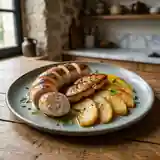 Boudin blanc poêlé accompagné d'un éventail de pommes et foie gras fondant