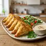 Bourecks croustillants au thon et poulet, nappés de sauce béchamel onctueuse