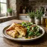 Brick croustillant au Chaumes et salade fraîche aux raisins secs