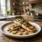 Brochet entier à la sauce au vin blanc et champignons frais