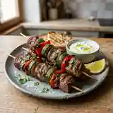 Brochettes d'agneau grillées aux légumes colorés
