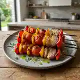 Brochettes de légumes grillés aux poivrons, tomates et oignons