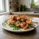 Saint-Jacques et crevettes au bacon