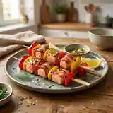Brochettes gourmandes de saumon enroulé de lard aux poivrons colorés
