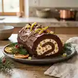 Bûche au chocolat intense fourrée aux écorces d'orange et gingembre confits