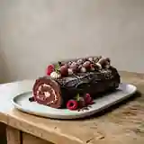 Bûche de Noël au chocolat intense et framboises fraîches