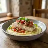 Cabillaud fondant aux tomates fraîches et pistou, purée onctueuse à l'huile d'olive