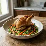 Caille Rôtie au Nid de Légumes Printaniers