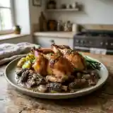 Cailles Farcies aux Morilles et Sauce Crémeuse aux Champignons