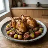 Cailles rôties au figatelli et raisin blanc, recette gourmande