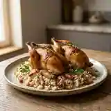 Cailles rôties au four accompagnées de riz pilaf aux lardons