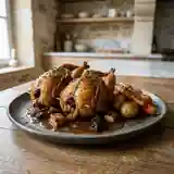 Cailles rôties aux pruneaux et foie gras, sauce gourmande