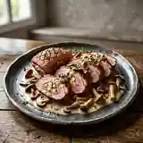Canard farci aux pommes et sa sauce aux champignons des bois