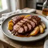 Canard fondant au calvados, cidre et pommes caramélisées