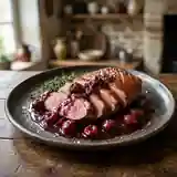 Canard rôti aux cerises fraîches et sauce au vin rouge