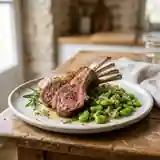 Carré d'agneau rôti aux fèves fraîches et herbes aromatiques