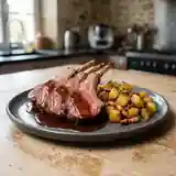 Carré d'agneau rôti sauce porto et pommes de terre au lard croustillant