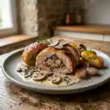 Chapon farci au foie gras et truffes noires, sauce aux champignons