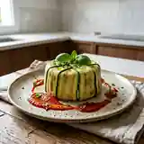 Charlotte de courgettes aux fromages frais et coulis de poivrons rouges