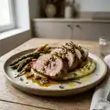Chevreau rôti à l'ail vert et herbes fraîches