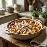 Clafoutis poire, miel et amandes grillées