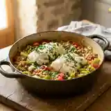 Cocotte de morue fondante aux poireaux et tomates fraîches