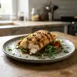 Coeur de cabillaud pané aux tomates séchées et sa vinaigrette balsamique tiède