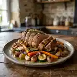 Collier d'agneau rôti au four sur lit de légumes colorés et raisins fondants