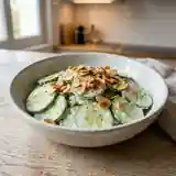Concombres frais à la sauce blanche onctueuse et amandes croquantes