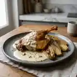 Confit de canard fondant aux endives braisées et sauce au roquefort