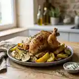 Coquelet rôti aux courgettes fondantes et pommes de terre croustillantes