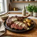 Côte de bœuf saisie, sauce onctueuse aux herbes