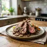 Côtes d'agneau grillées à la champvallon, sauce aux champignons et échalotes