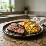 Côtes de bœuf épicées grillées accompagnées de galettes de maïs maison
