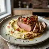 Côtes de porc grillées et purée onctueuse de tomates confites