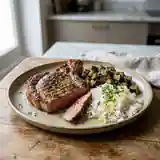 Côtes de veau grillées accompagnées de riz parfumé et d'aubergines fondantes