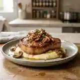 Côtes de veau grillées au lard, oignons caramélisés et champignons sautés