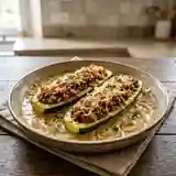 Courgettes farcies gourmandes à la sauce onctueuse aux oignons