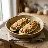 Courgettes fondantes farcies au poulet gratiné
