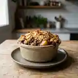 Crumble gourmand aux poires, amandes et chocolat fondant