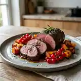 Cuisse de chevreuil rôtie aux patates douces et groseilles fraîches