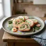Délicieuse roulade de saumon fumé aux asperges vertes, sauce crémeuse aux crevettes et chèvre frais