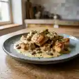 Délicieuses bouchées de volaille en sauce au comté et raisins