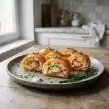 Délicieuses roulades de saumon aux œufs brouillés et carré frais