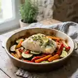 Délicieux filet de poisson aux légumes rôtis au four